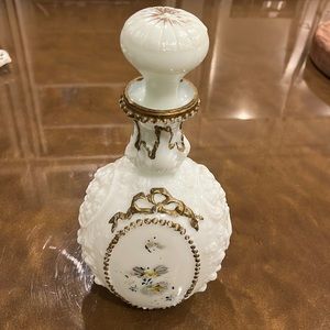Antique 1890 to 1905 era Victorian milk glass, embossed painted decanter